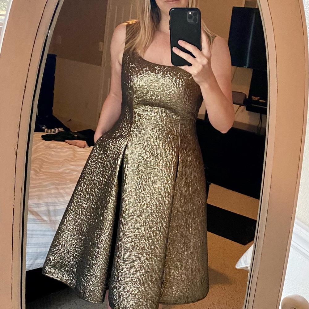 Metallic Gold Midi Fit-and-Flare Dress
